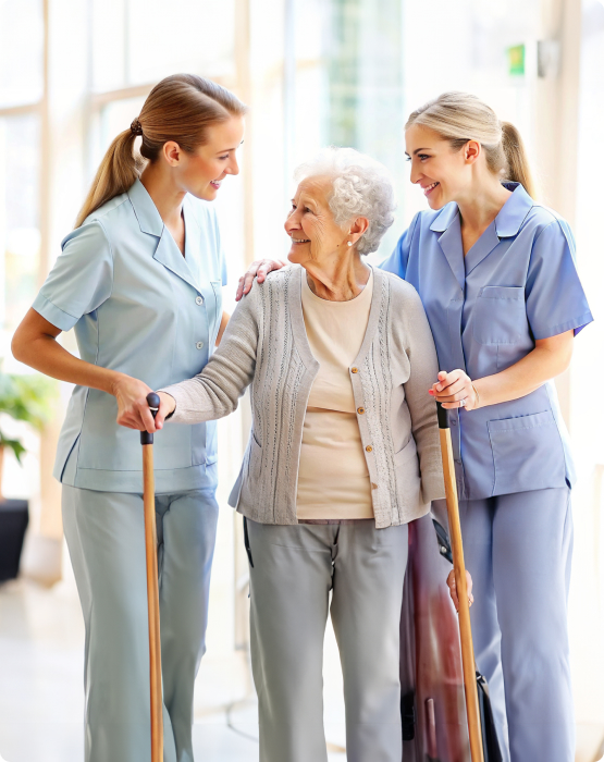 Two female care workers assist smiling elderly woman with walking, showcasing compassionate live-in elderly care