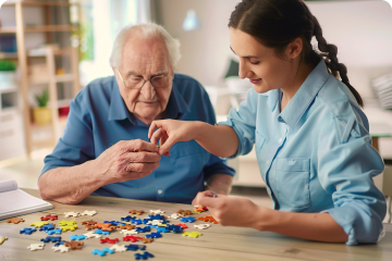 A female elderly care specialist assists a senior man with a puzzle